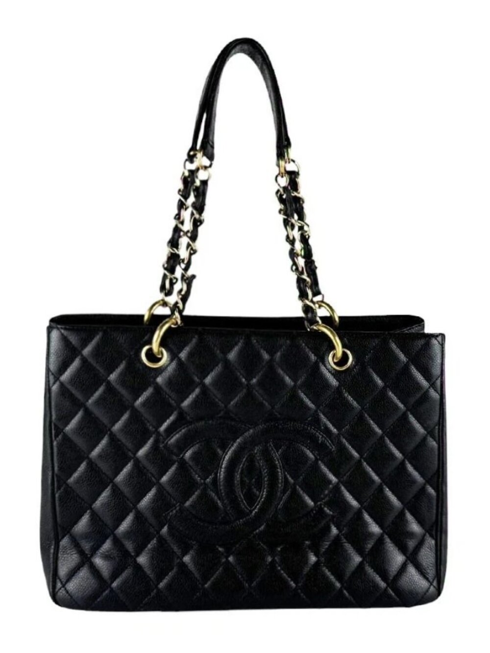 CHANEL GST Tote Shoulder Bag Black/Gold Leather/Metal